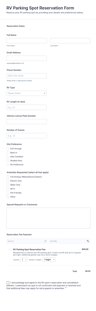 RV Parking Spot Reservation Form Template