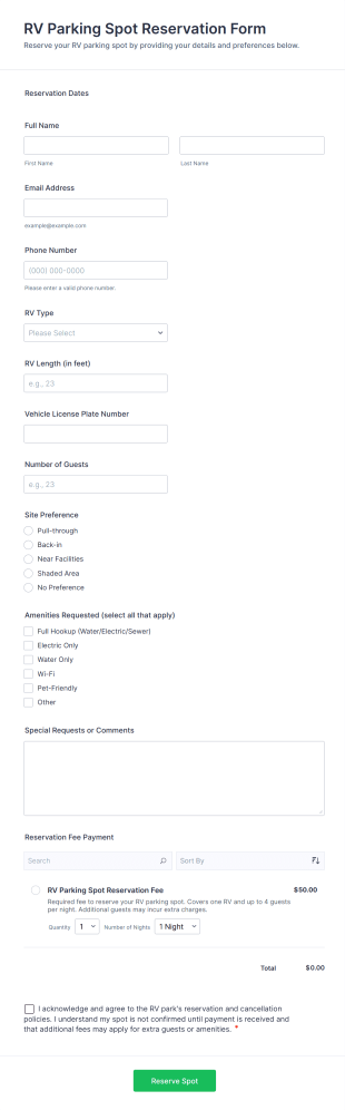 RV Parking Spot Reservation Form Template