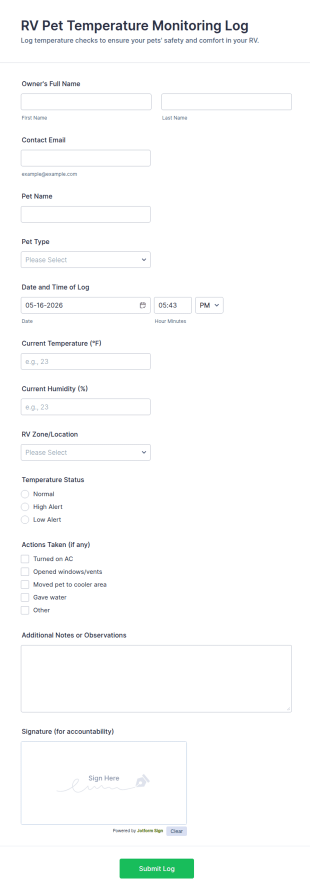 RV Pet Temperature Monitoring Log Form Template