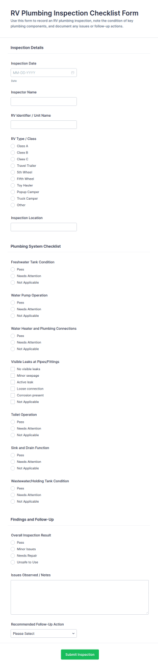RV Plumbing Inspection Checklist Form Template