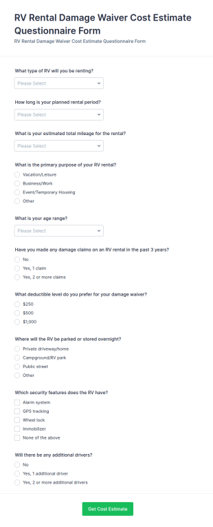 RV Rental Damage Waiver Cost Estimate Questionnaire Form Template