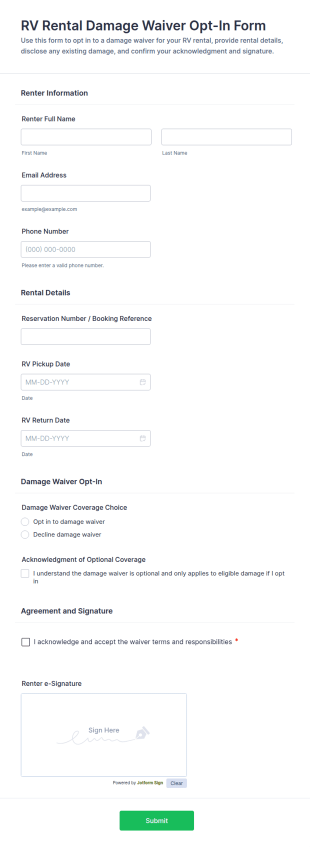 RV Rental Damage Waiver Opt In Form Template