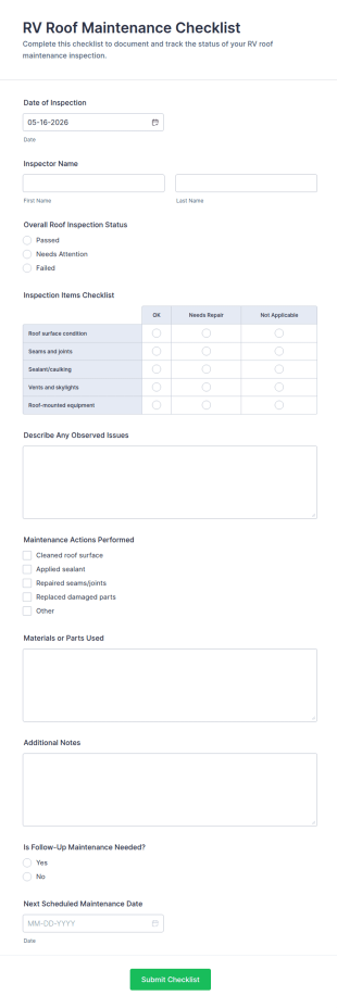RV Roof Maintenance Checklist Form Template
