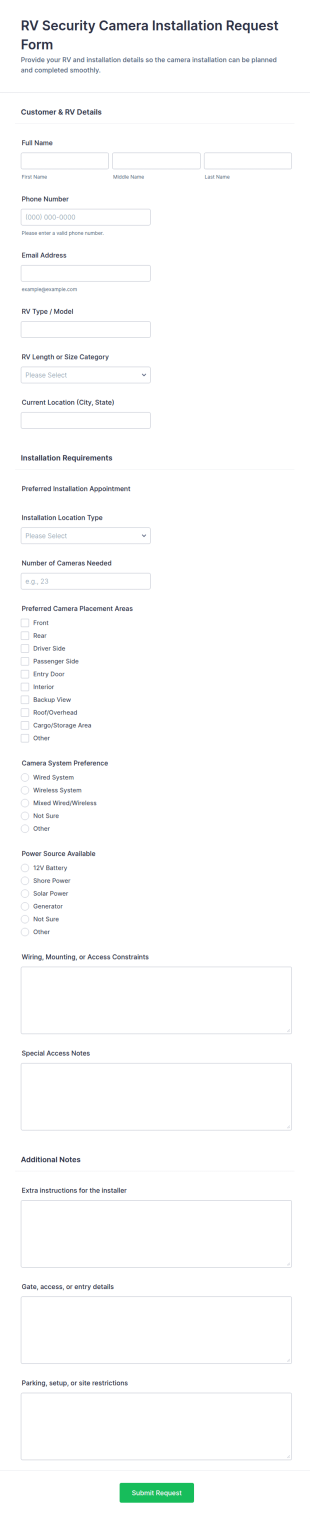 RV Security Camera Installation Request Form Template