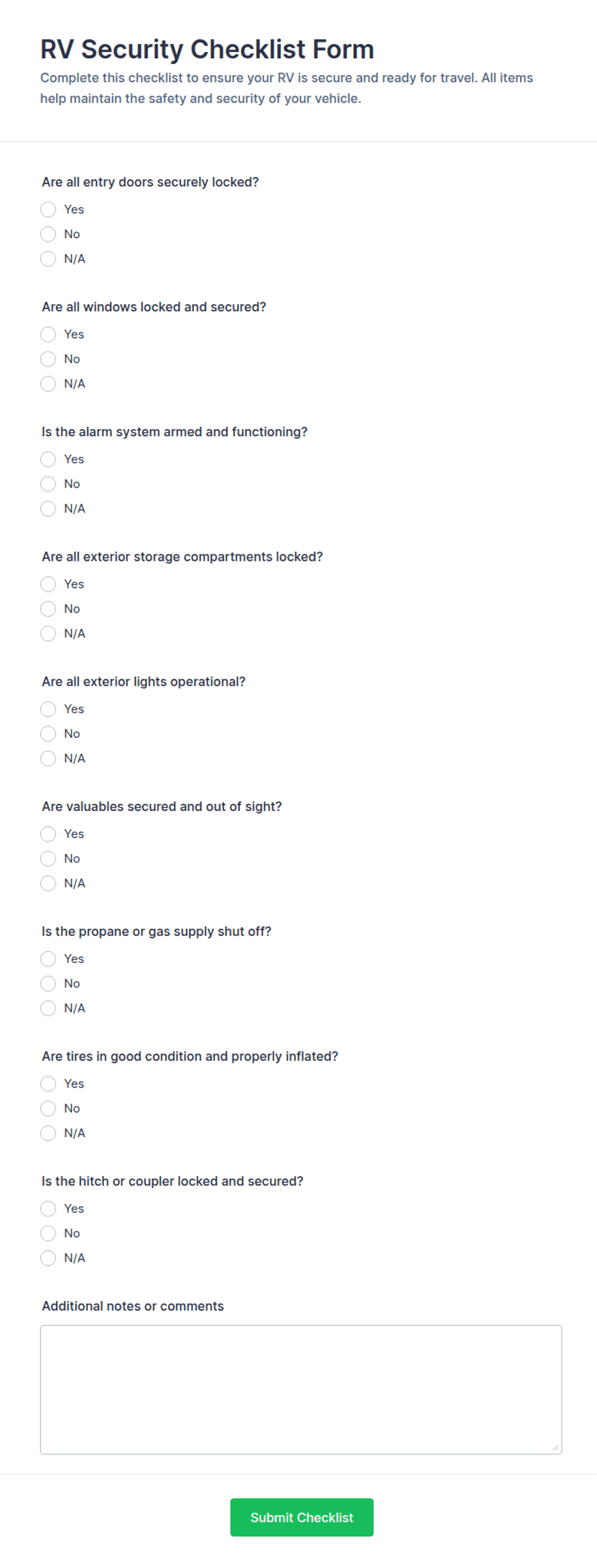 Cctv Checklist Format RV Security Checklist Form Template | Jotform