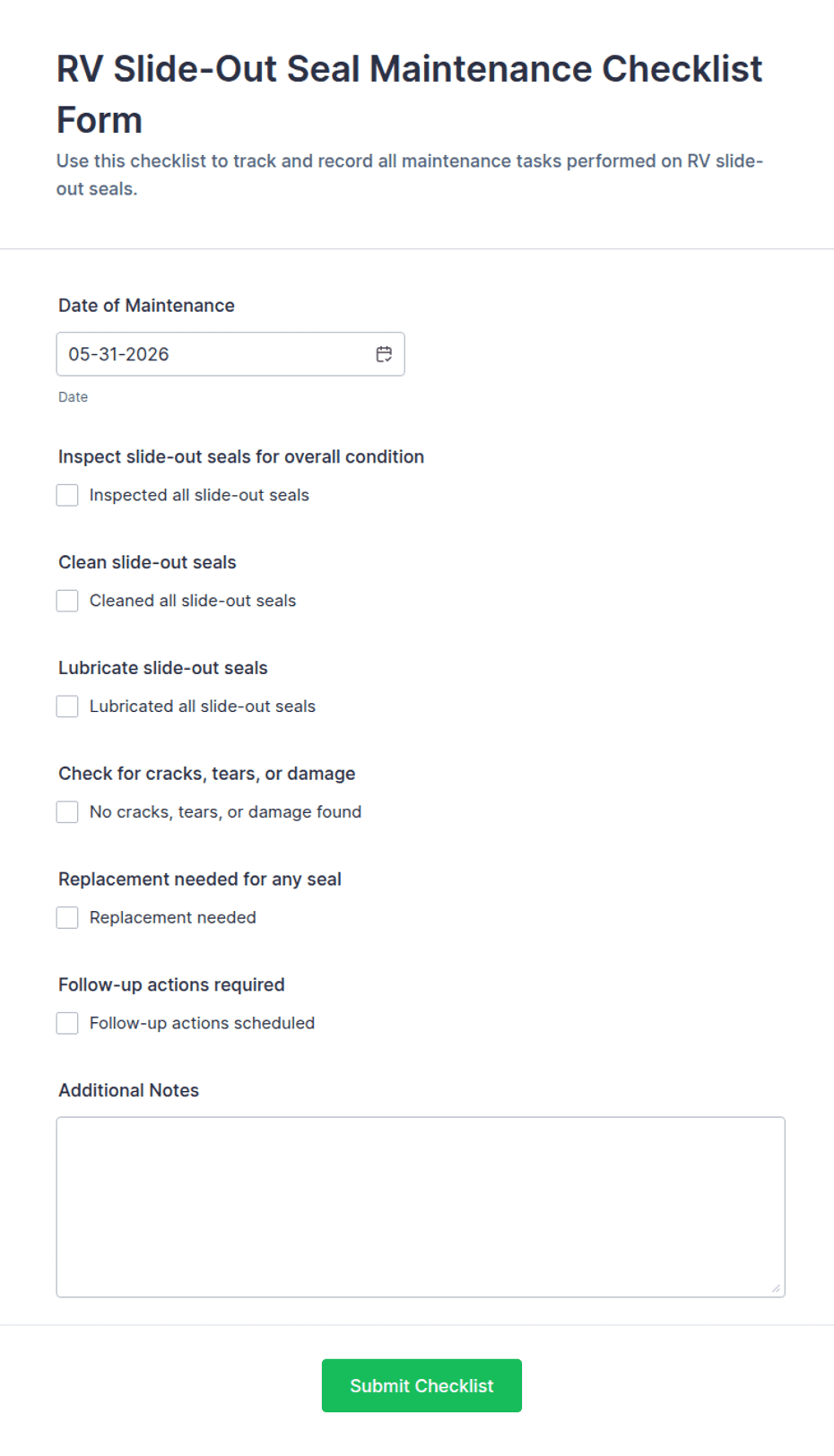 RV Slide-Out Seal Maintenance Checklist Form Template | Jotform
