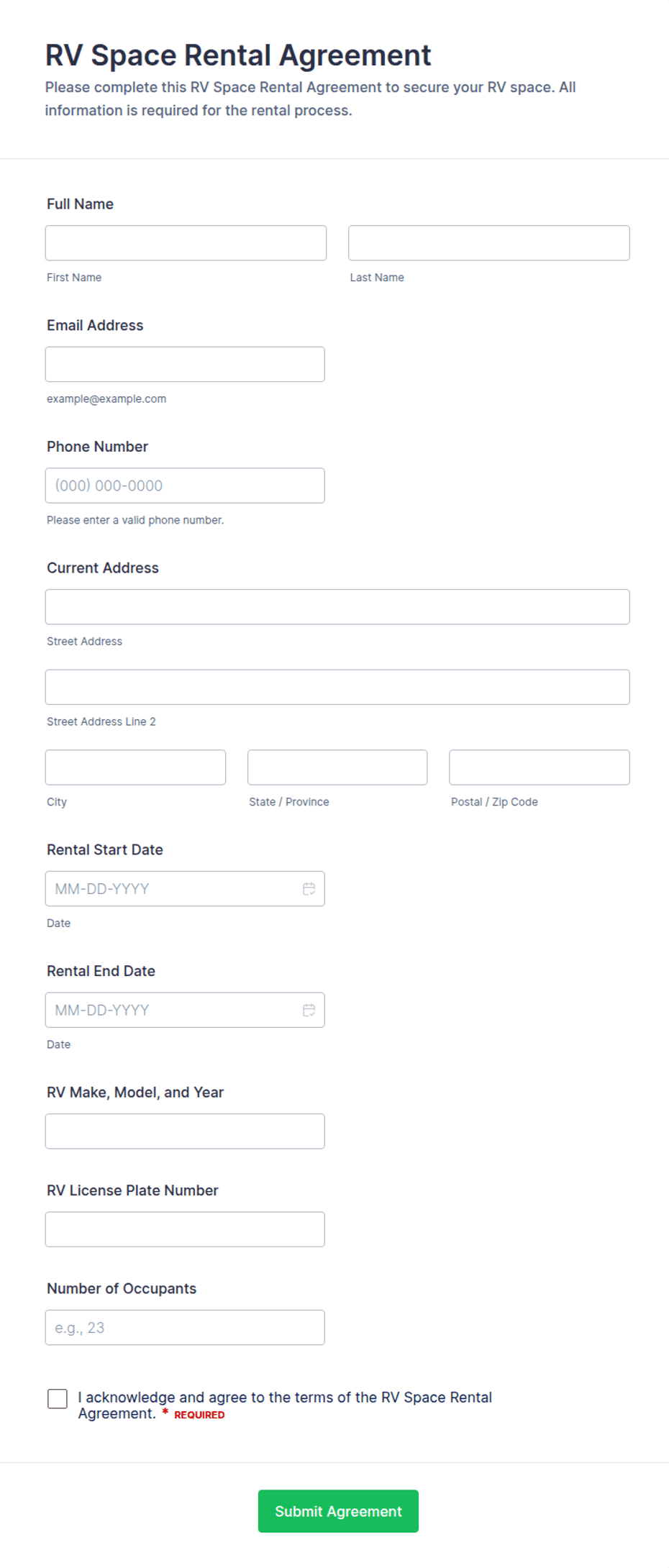 RV Space Rental Agreement Form Template | Jotform