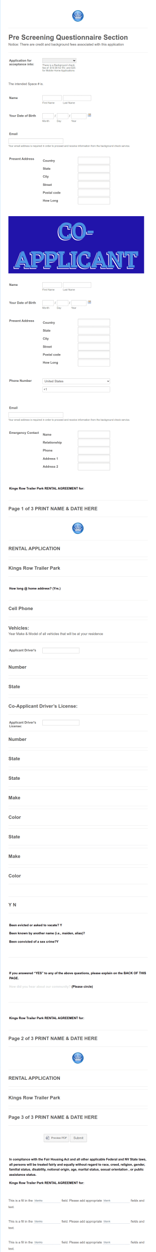 Rv Space Rental Application Form Template