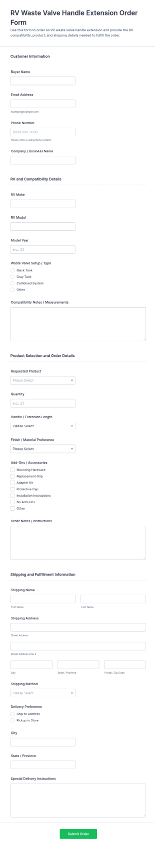 RV Waste Valve Handle Extension Order Form Template