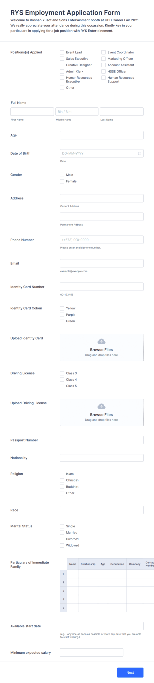 RYS Employment Application Form Template