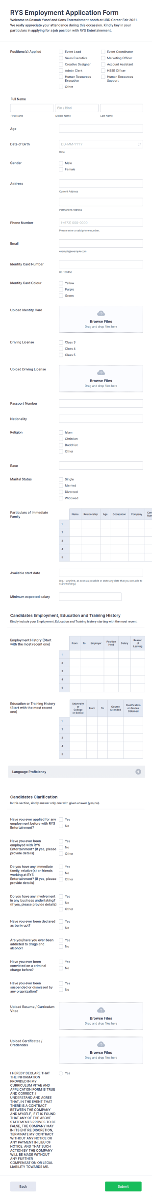 RYS Employment Application Form Template
