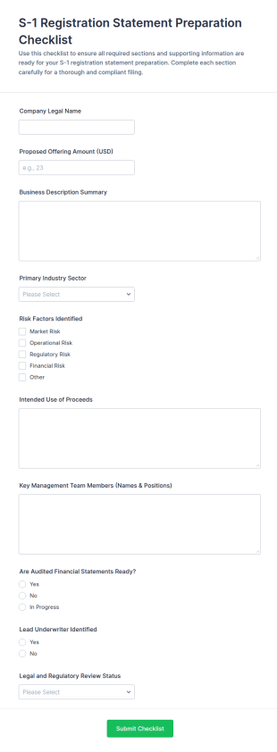S 1 Registration Statement Preparation Checklist Form Template