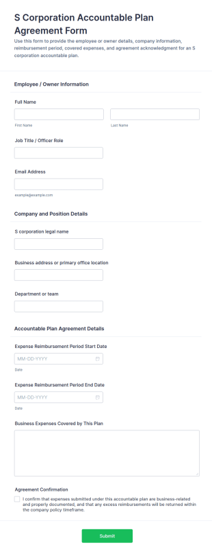 S Corporation Accountable Plan Agreement Form Template