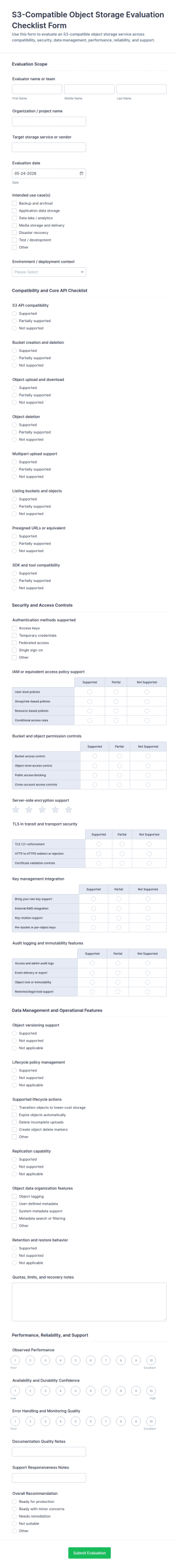 S3 Compatible Object Storage Evaluation Checklist Form Template