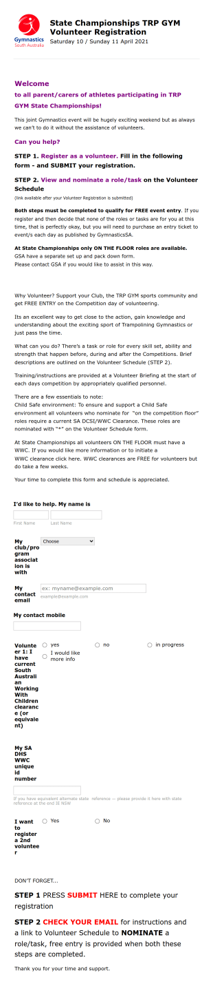 Trampoline Gymnastic State Championships Volunteer Registration Form Template