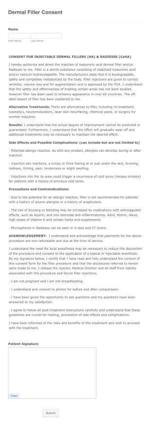SAA Dermal Filler Consent Form Template