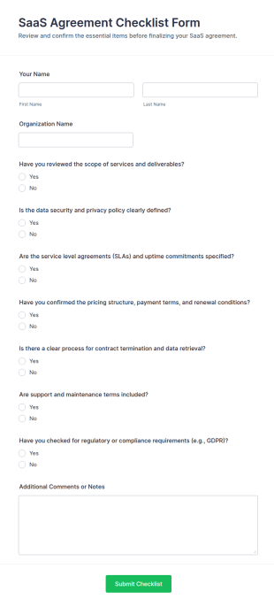 SaaS Agreement Checklist Form Template
