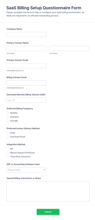 SaaS Billing Setup Questionnaire Form Template