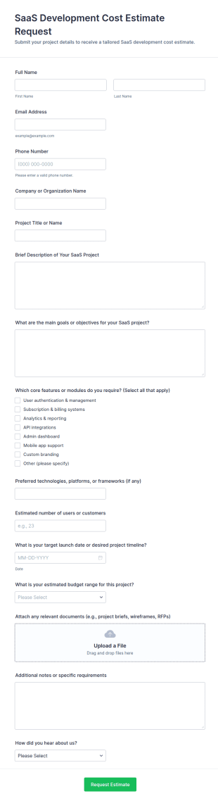 SaaS Development Cost Estimate Request Form Template