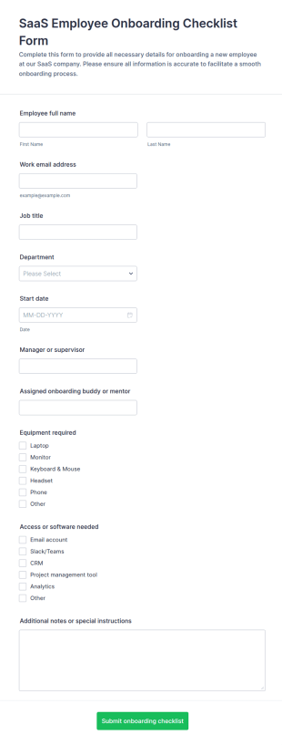 SaaS Employee Onboarding Checklist Form Template