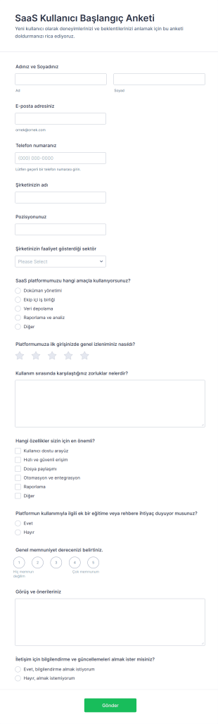 SaaS Kullanıcı Başlangıç Anketi Form Şablonu