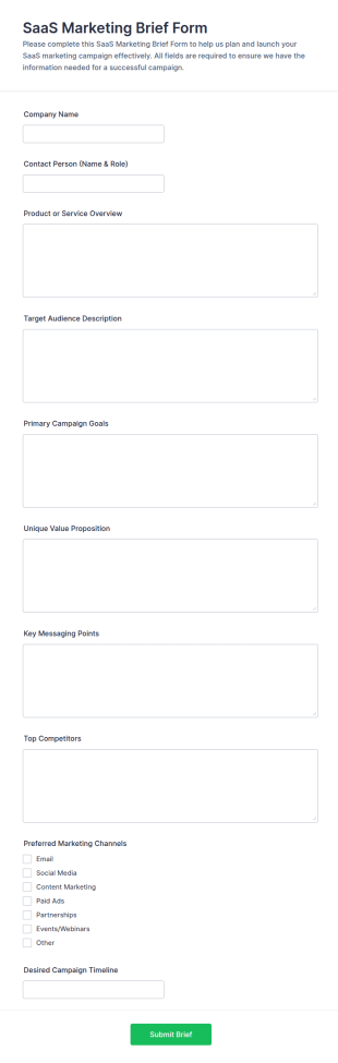 SaaS Marketing Brief Form Template