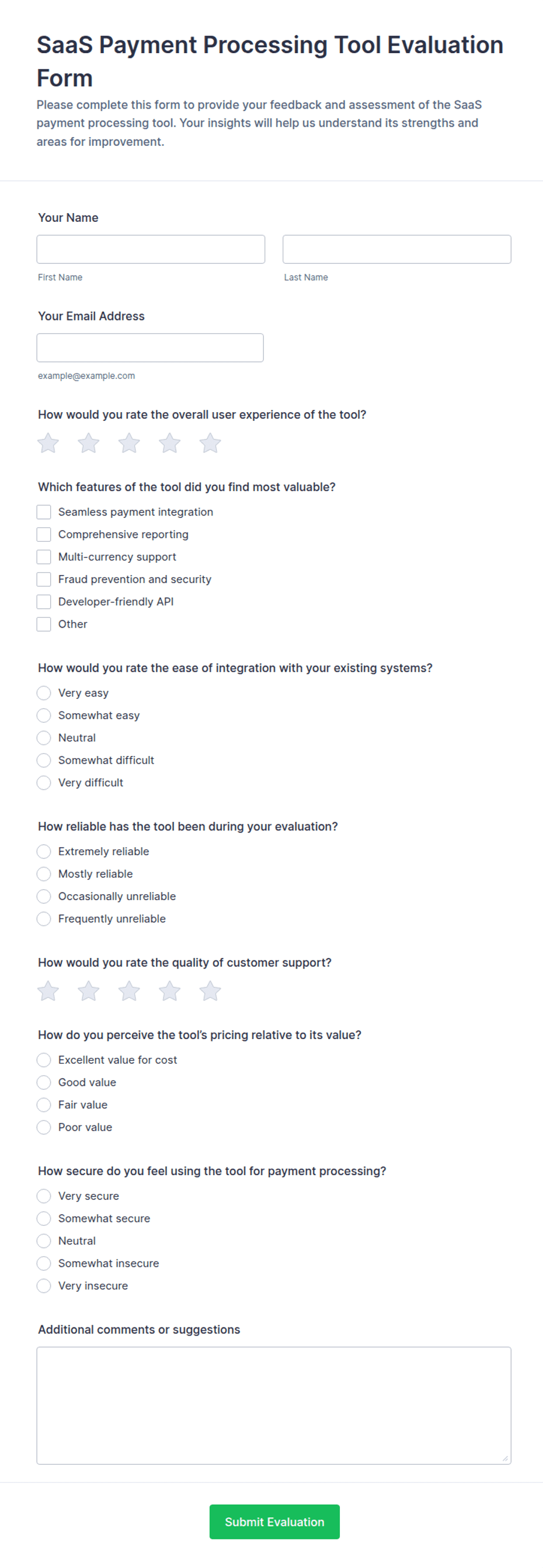 SaaS Payment Processing Tool Evaluation Form Template | Jotform
