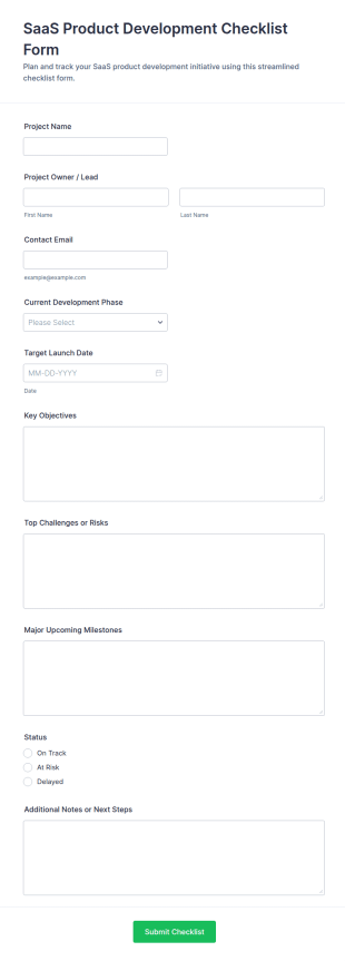 SaaS Product Development Checklist Form Template