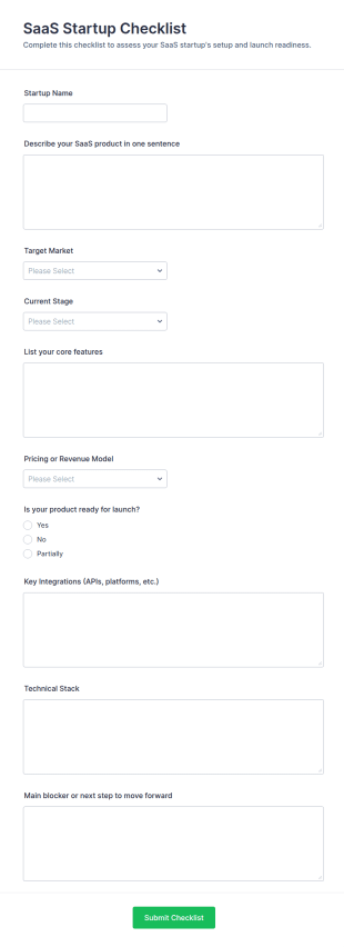 SaaS Startup Checklist Form Template