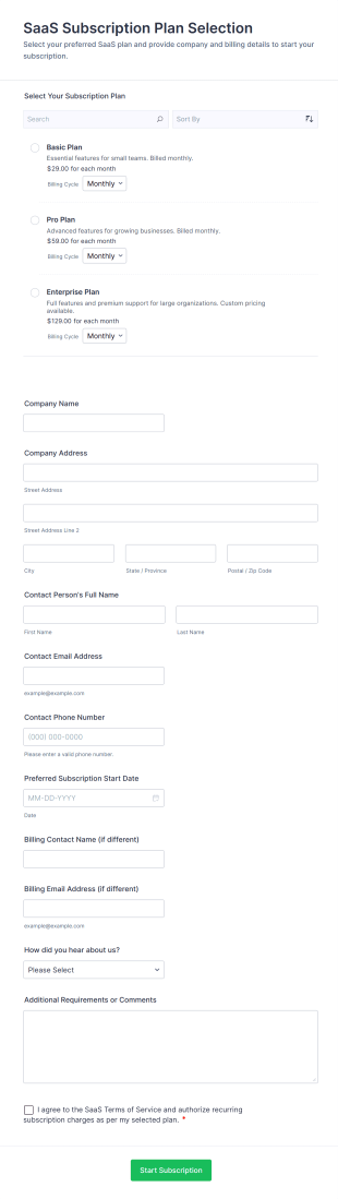 SaaS Subscription Plan Selection Form Template