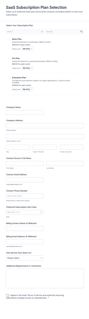 SaaS Subscription Plan Selection Form Template