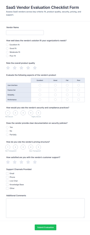 SaaS Vendor Evaluation Checklist Form Template