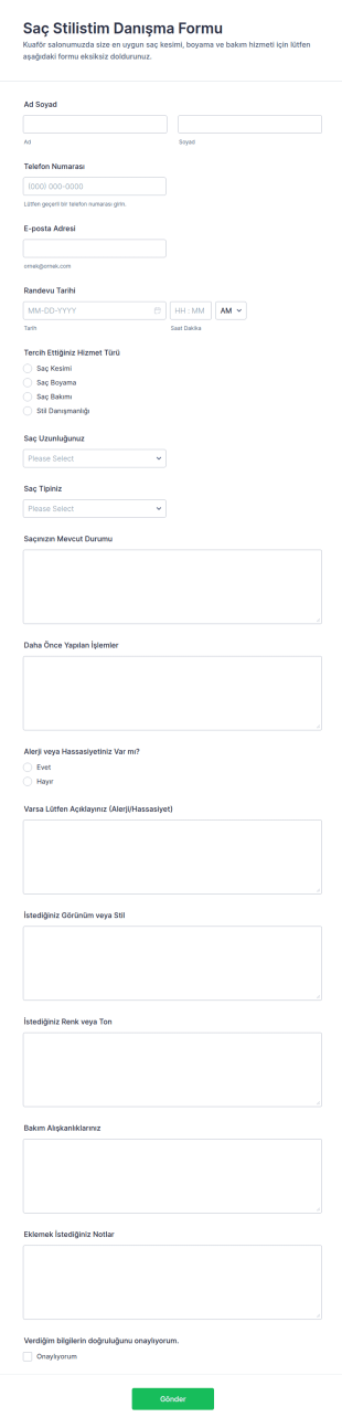 Saç Bakım Danışma Form Şablonu