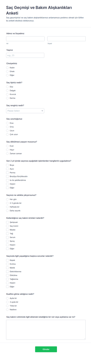 Saç Geçmişi Anketi Form Şablonu