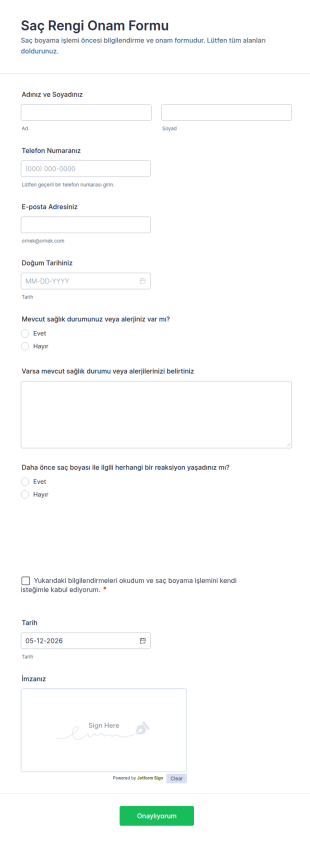 Saç Rengi Onay Form Şablonu
