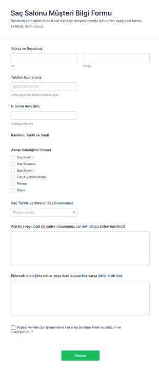 Saç Salonu Müşteri Bilgi Form Şablonu
