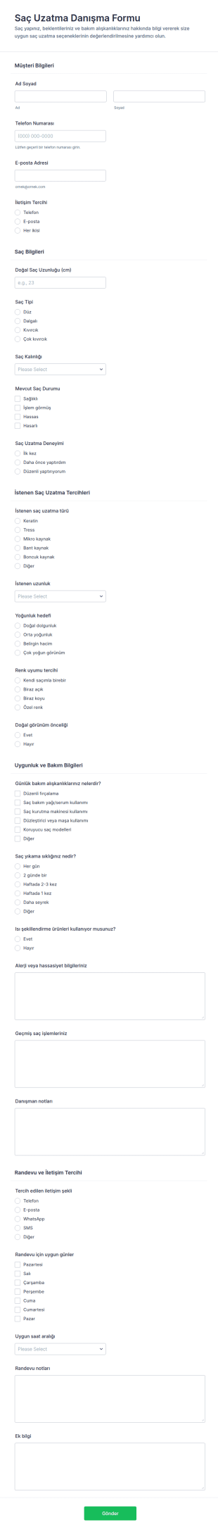 Saç Uzantısı Danışma Form Şablonu