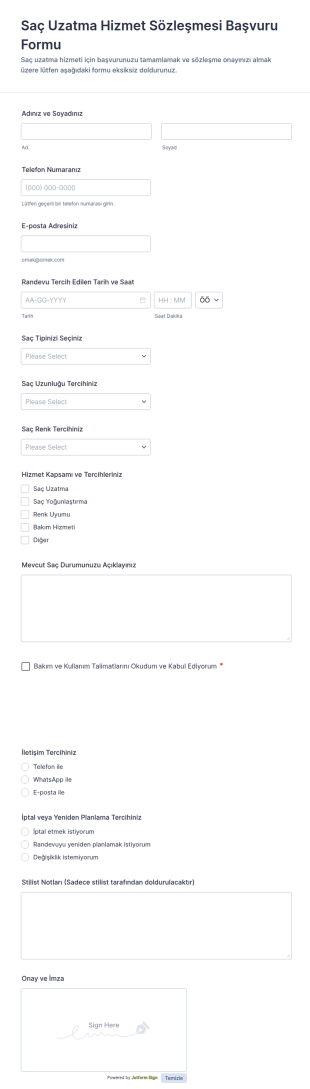 Saç Uzantısı Hizmet Sözleşmesi Formu 🎀✨ Form Şablonu