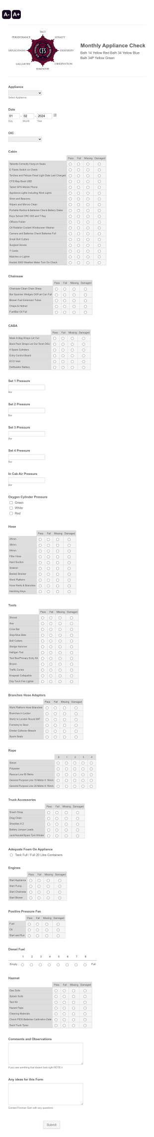 Sacfs Appliance Monthly Appliance Check Form Template