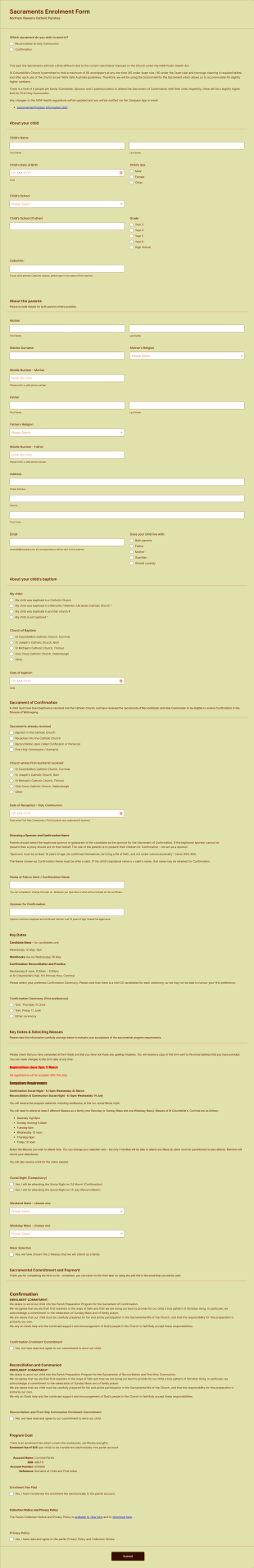 Sacraments Enrolment Form Template