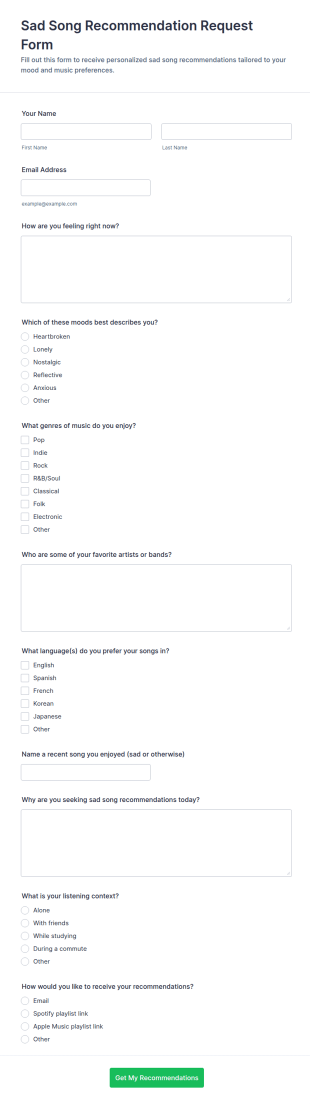 Sad Song Recommendation Request Form Template