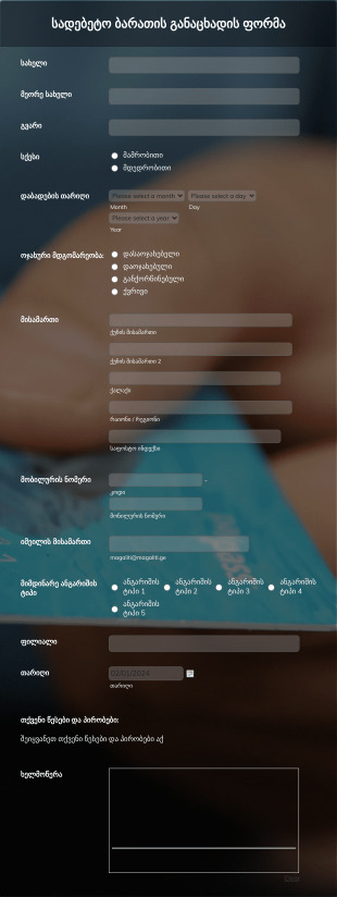 სადებეტო ბარათის განაცხადის ფორმა Form Template