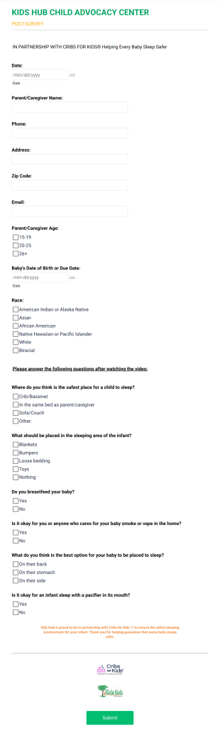 Safe Sleep Post Survey Form Template