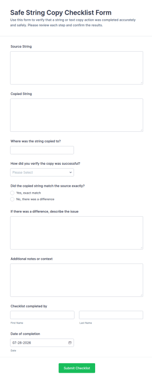 Safe String Copy Checklist Form Template