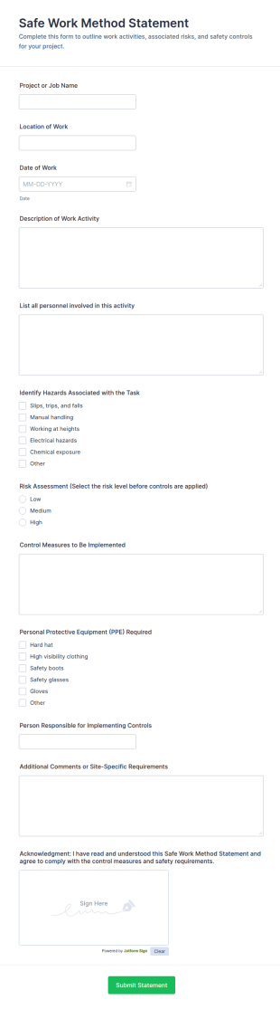 Safe Work Method Statement Form Template