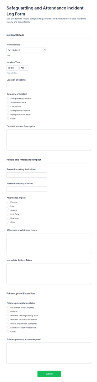 Safeguarding And Attendance Incident Log Form Template