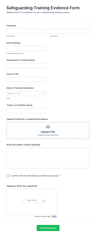 Safeguarding Training Evidence Form Template