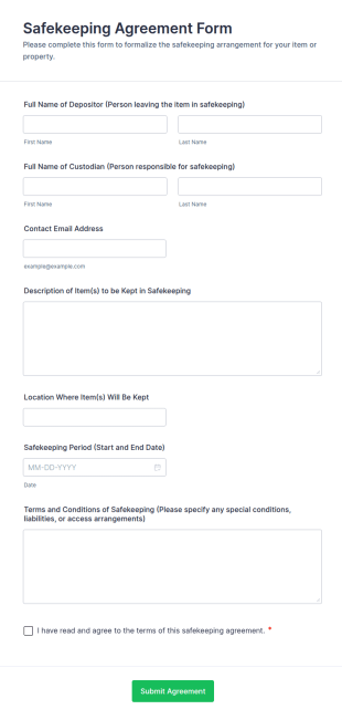 Safekeeping Agreement Form Template