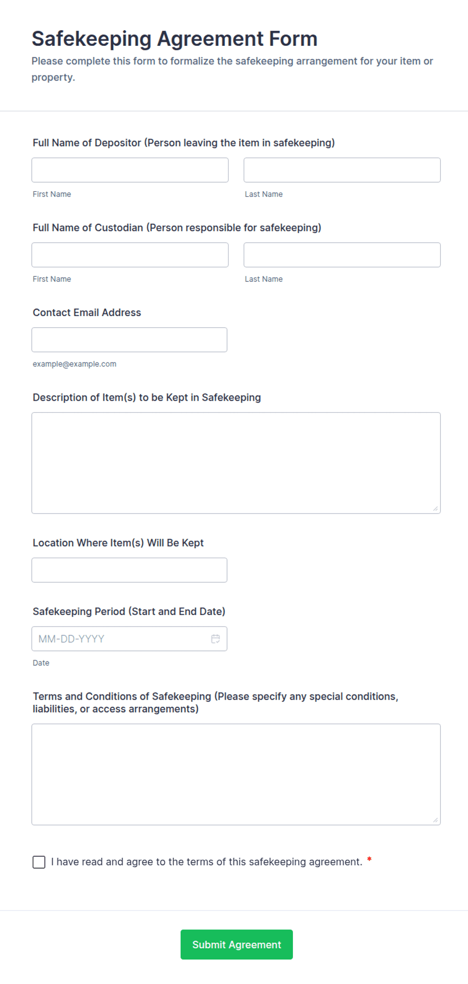 Safekeeping Agreement.pdf Safekeeping Agreement Form Template | Jotform