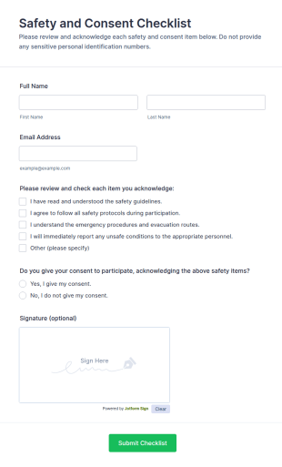 Safety And Consent Checklist Form Template